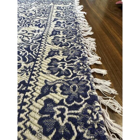 Vintage Blue Floral Woven Table Runner with Fringe - Picture 6 of 6